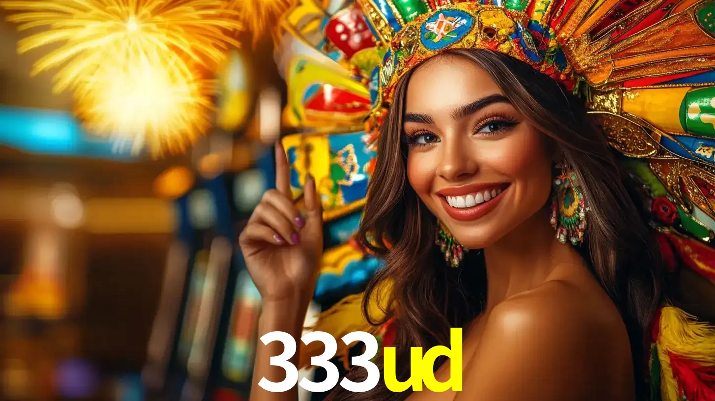 Mulher sorridente com um cocar de carnaval vibrante e colorido, celebrando uma grande vitória nos jogos do cassino 333ud com fogos de artifício ao fundo.
