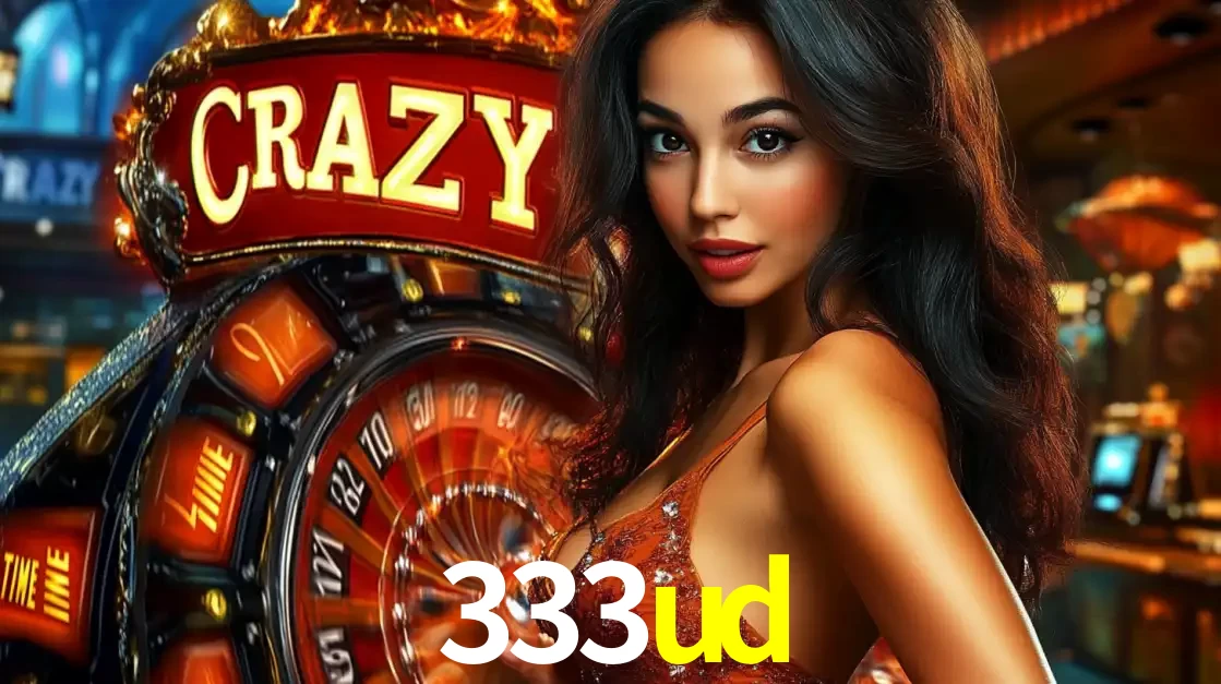 Mulher glamourosa olhando para a câmera com a roda vermelha do Crazy Time ao fundo em um ambiente de cassino, destacando a emoção dos jogos ao vivo no 333ud.