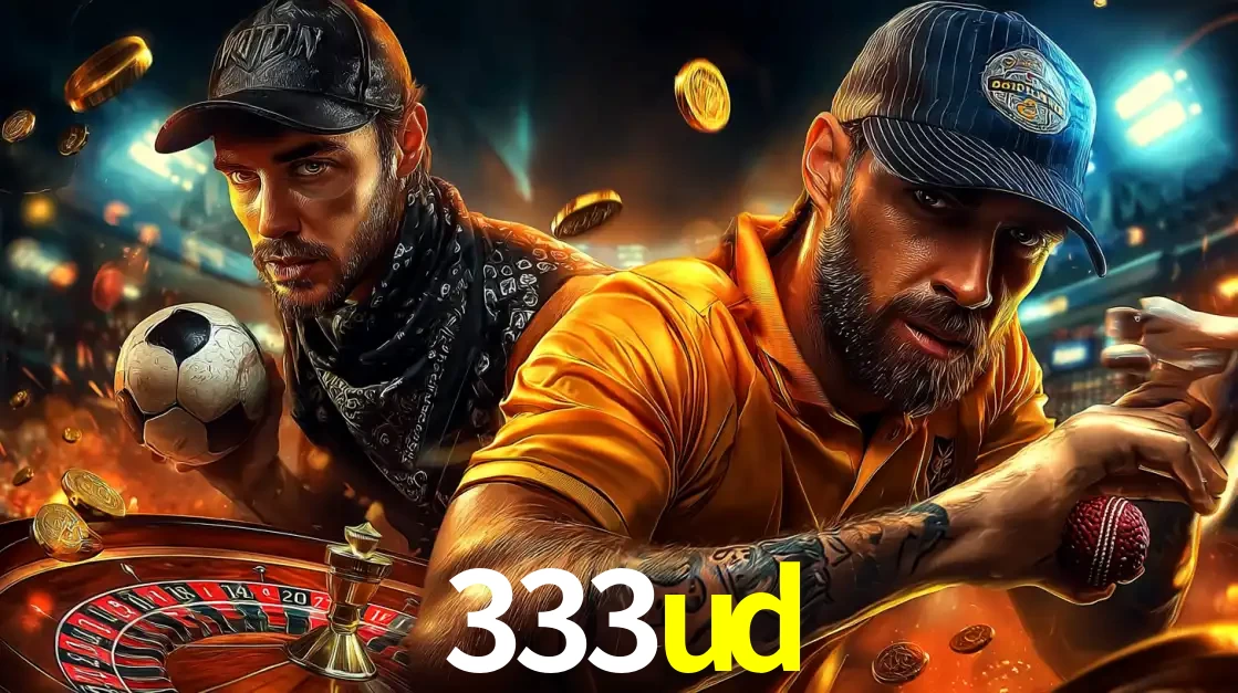 Montagem de apostas esportivas e cassino no 333ud, com um homem segurando uma bola de futebol e outro uma de beisebol sobre uma roleta e moedas voadoras.