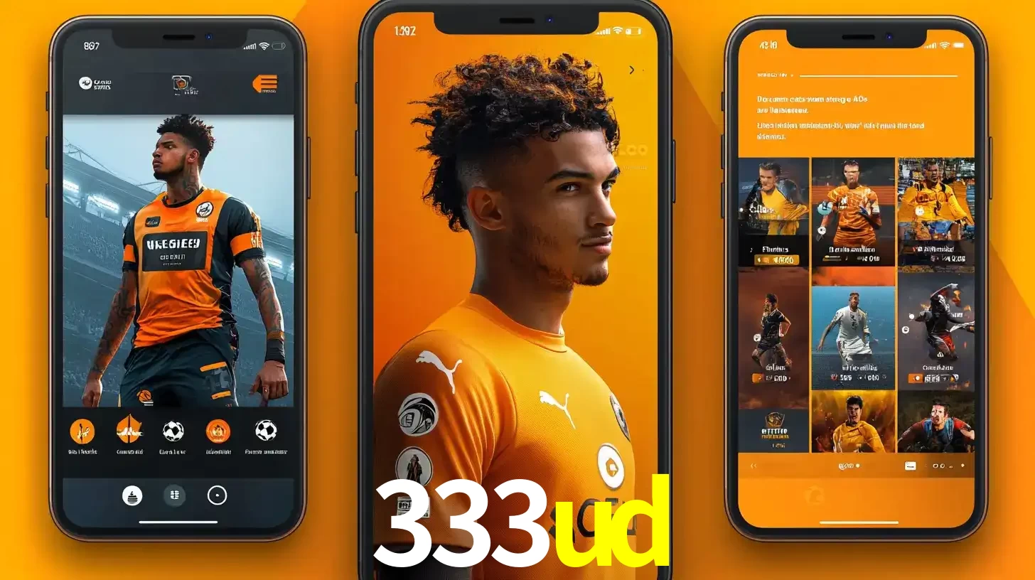 Interface do aplicativo de apostas esportivas 333ud em três telas de celular, mostrando o perfil de um jogador de futebol e a lista de jogos disponíveis para apostar.