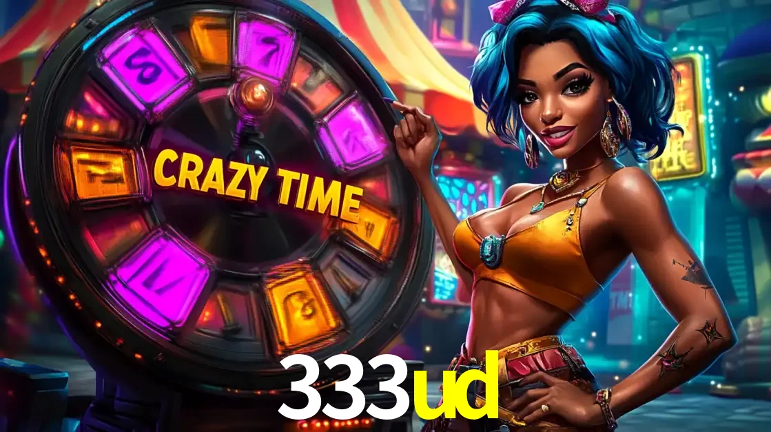Mulher estilizada com cabelo azul e visual vibrante posando ao lado da roda de prêmios do game show Crazy Time, convidando para a diversão e os bônus do cassino 333ud.