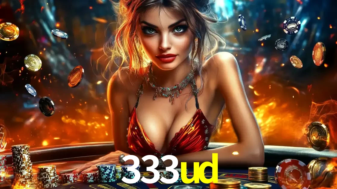 Mulher em uma mesa de cassino com pilhas de fichas e um fundo de fogo, pronta para uma rodada de altas apostas nos jogos de mesa emocionantes do cassino 333ud.