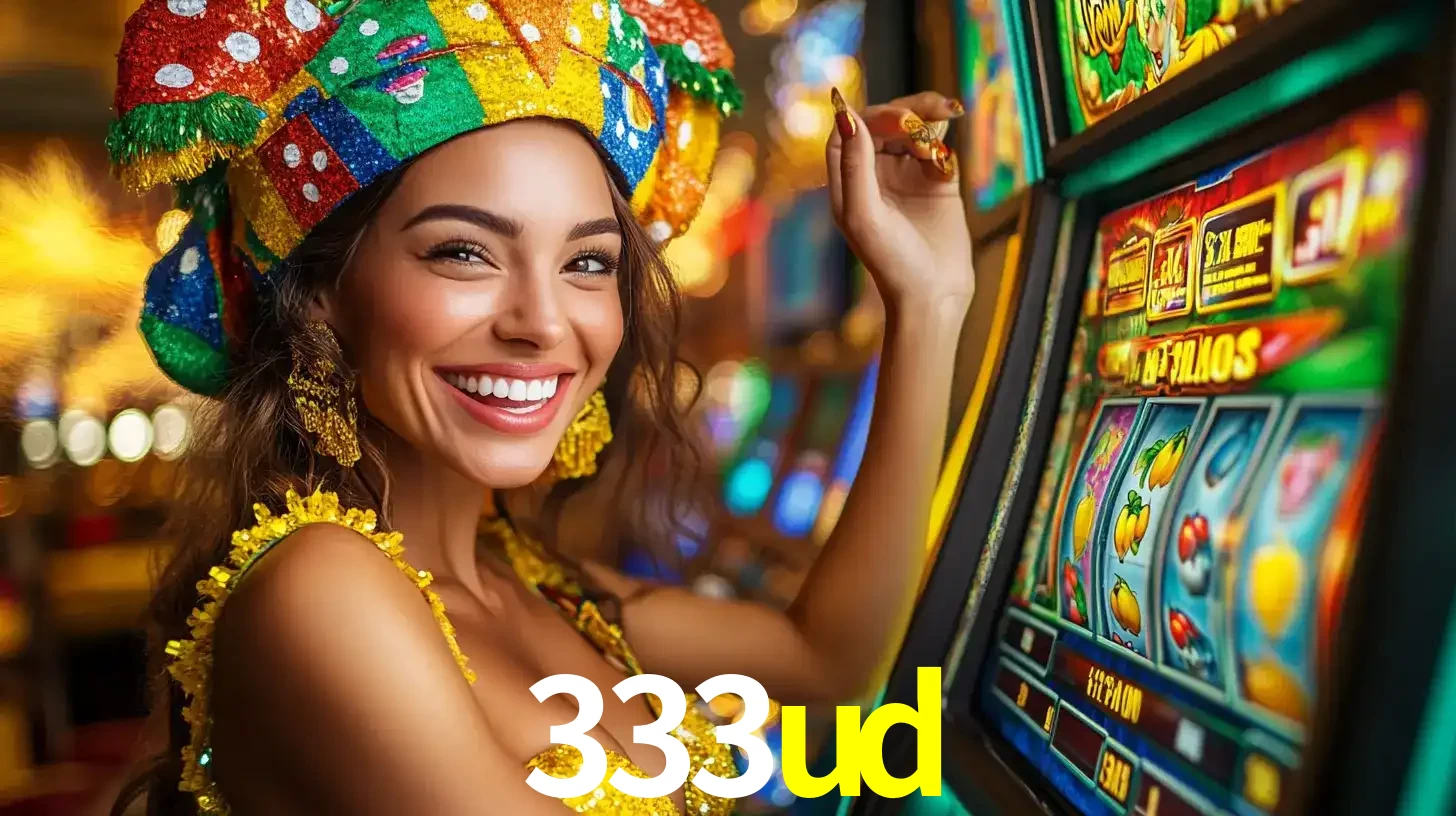 Mulher feliz com traje de carnaval amarelo e colorido ao lado de uma máquina de caça-níqueis, aproveitando a diversão e os jogos temáticos do cassino 333ud.